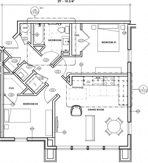 Floor plan for 2 beds, 1.5 baths, 885 sqft